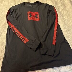 Under Armor Men's Long Sleeve M Loose Fit Black Shirt With Red UA Logo On Chest